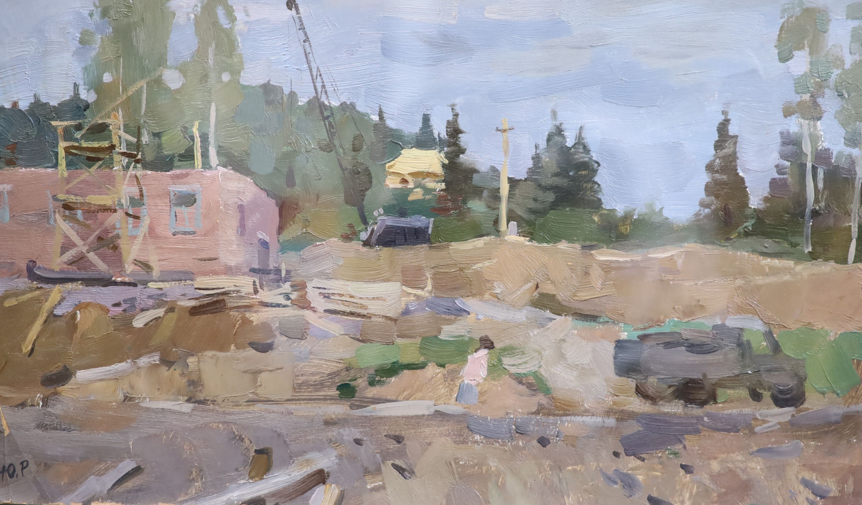 Russian School, two oils on board, View of a quarry and a similar construction scene, one monogrammed, 35 x 48cm and 30 x 52cm